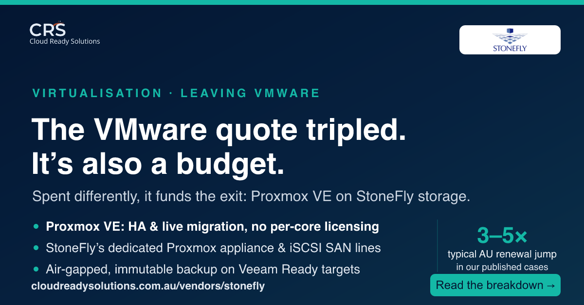 The VMware quote tripled. It’s also a budget. Proxmox VE on StoneFly storage, distributed by Cloud Ready Solutions.